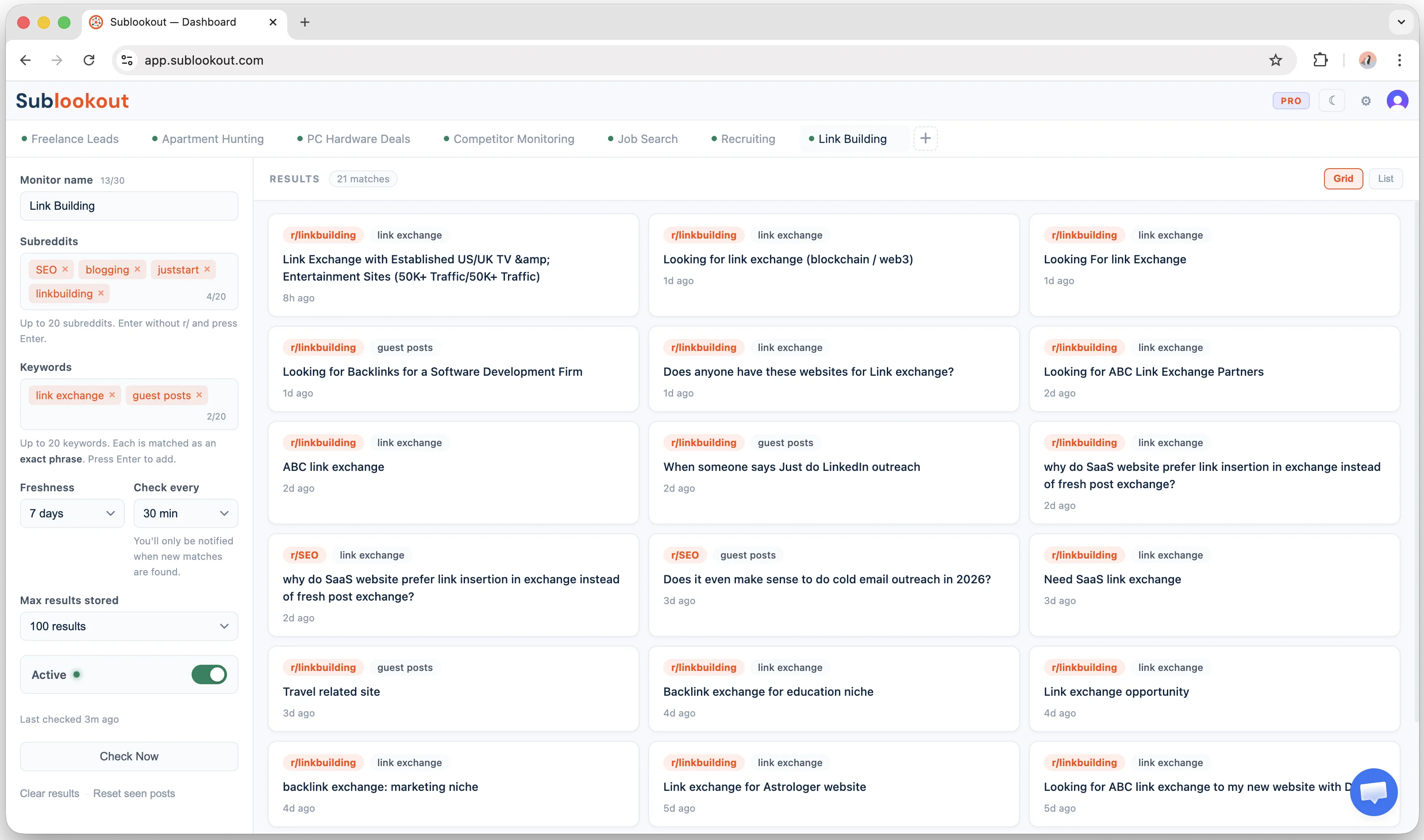 Sublookout dashboard showing keyword monitor results