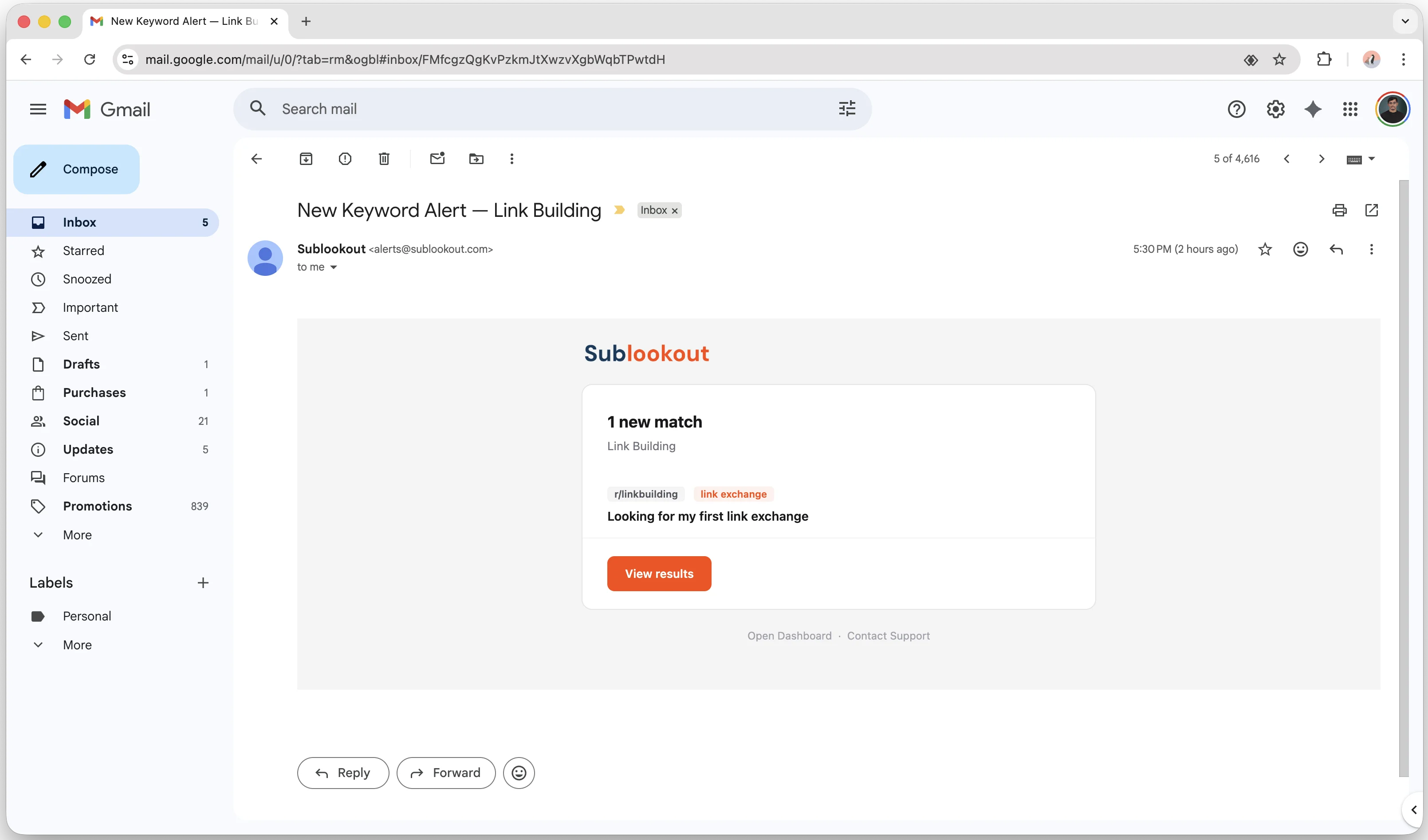 Sublookout email alert in Gmail showing a new keyword match