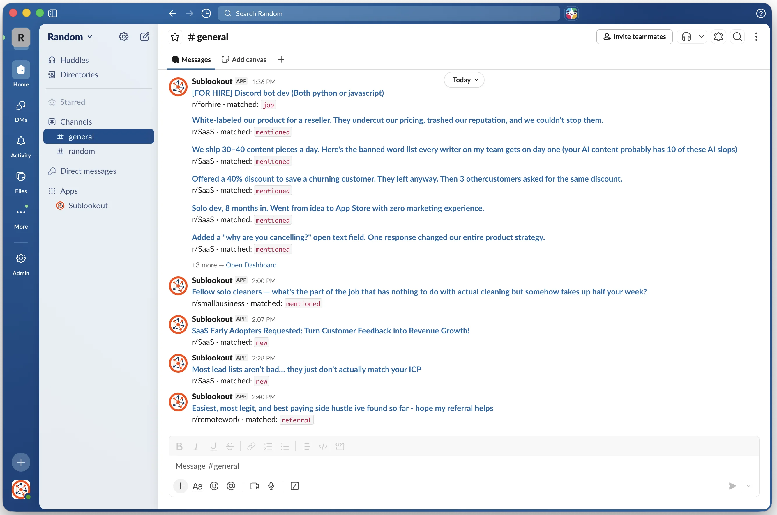 Sublookout keyword alert notifications in a Slack channel