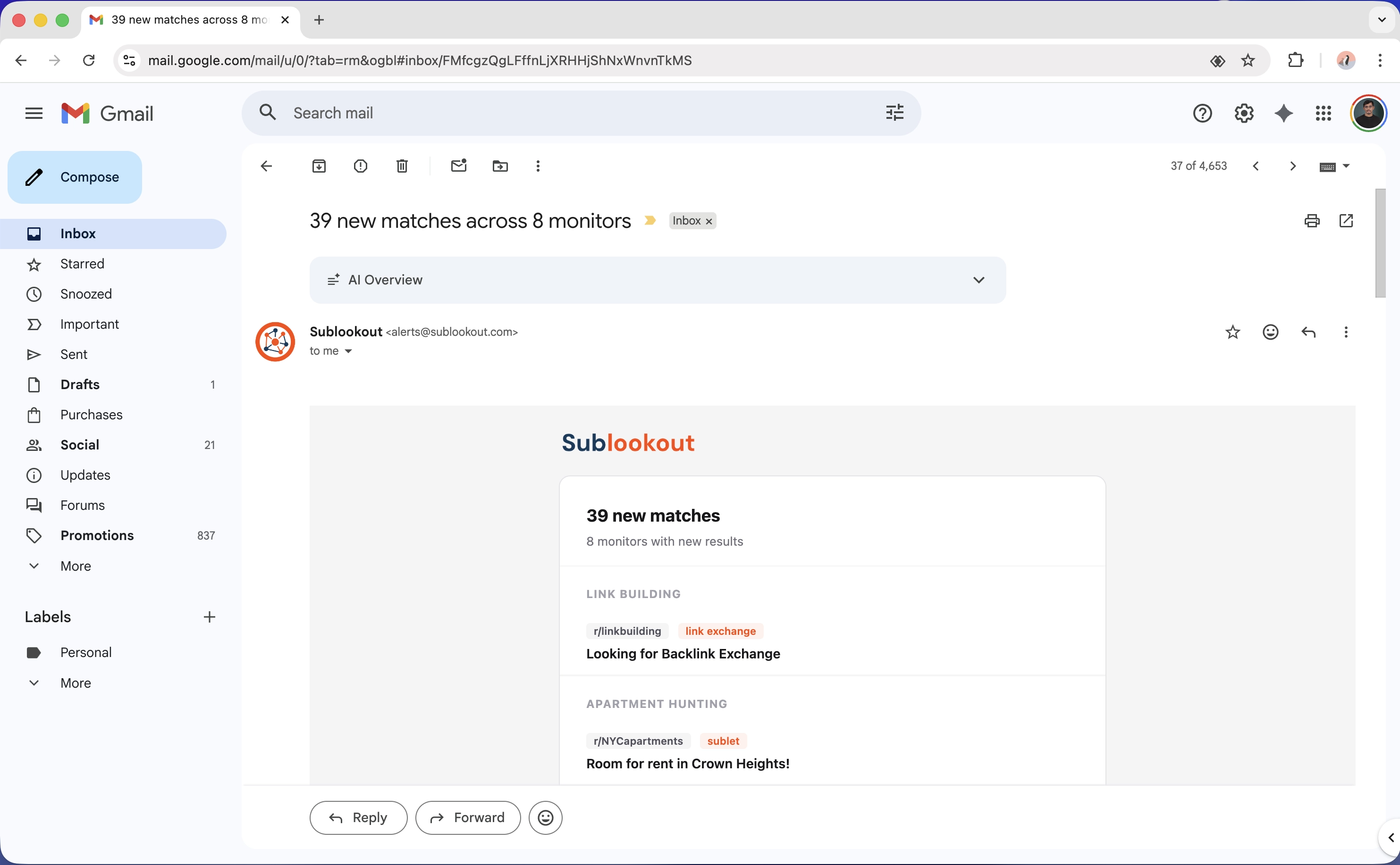 Sublookout email alert in Gmail showing a new keyword match