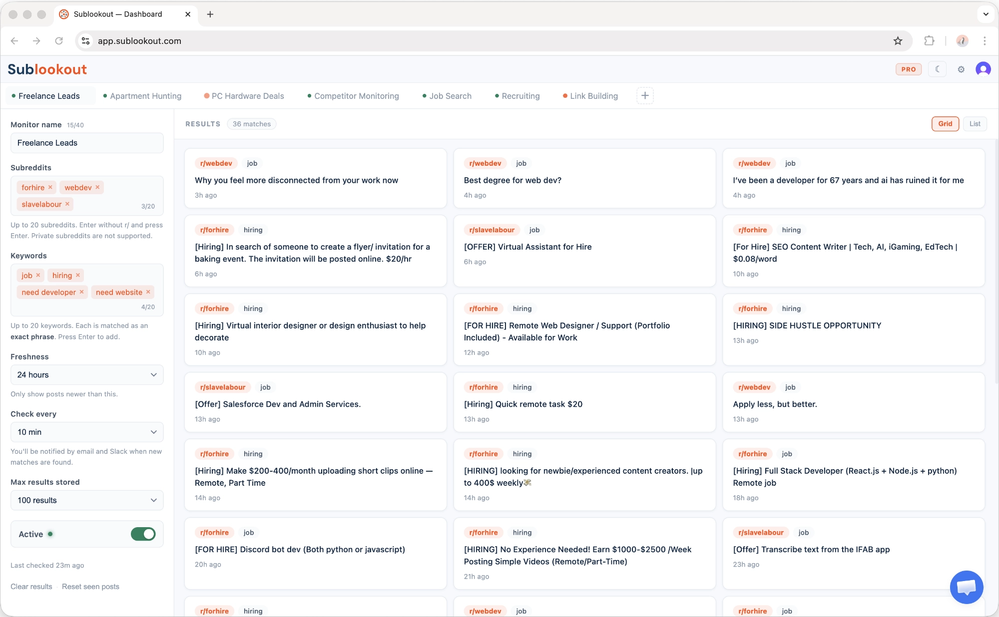 Monitor configuration with keyword and subreddit settings