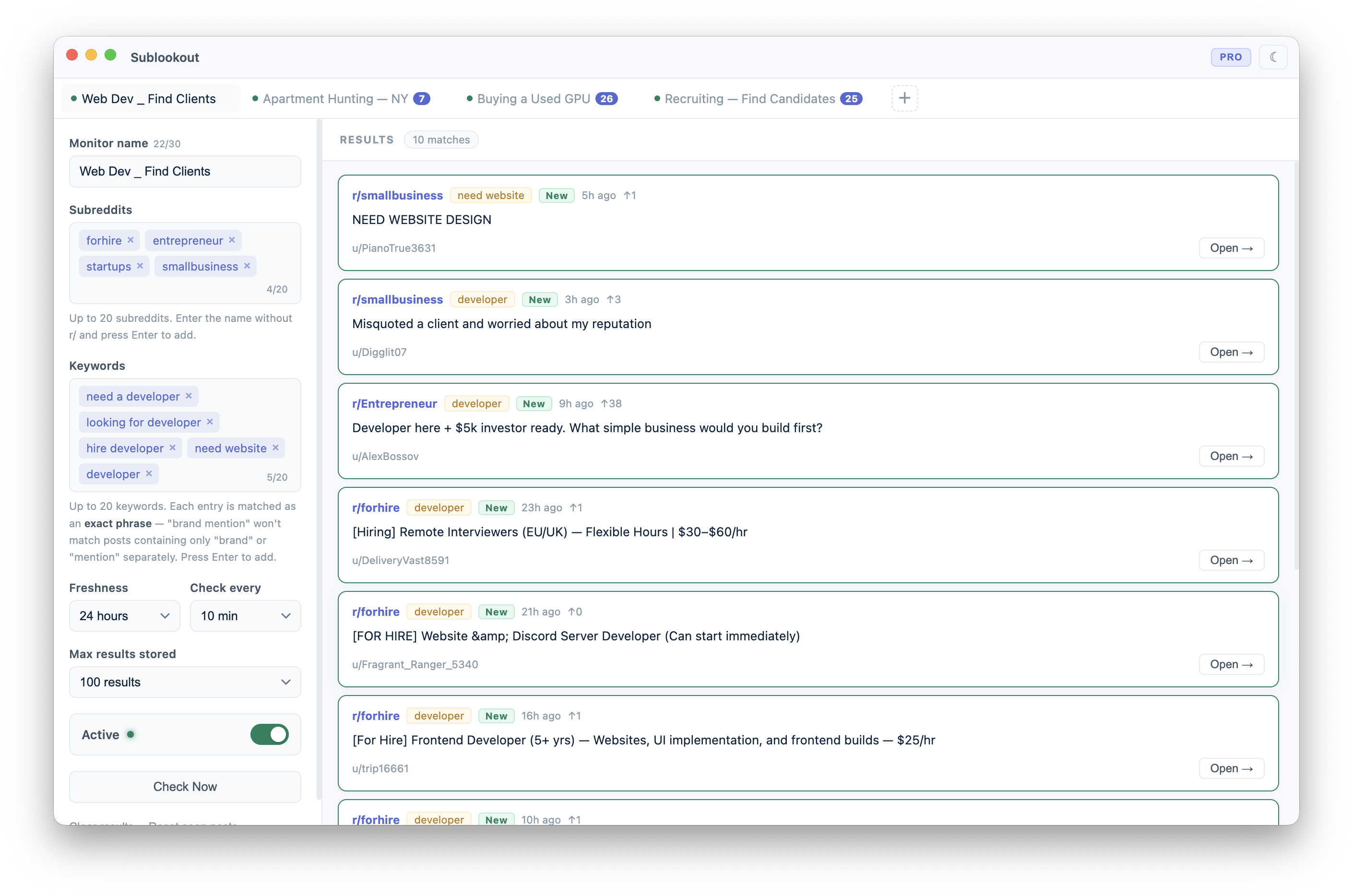 Sublookout app — Web Dev Find Clients monitor